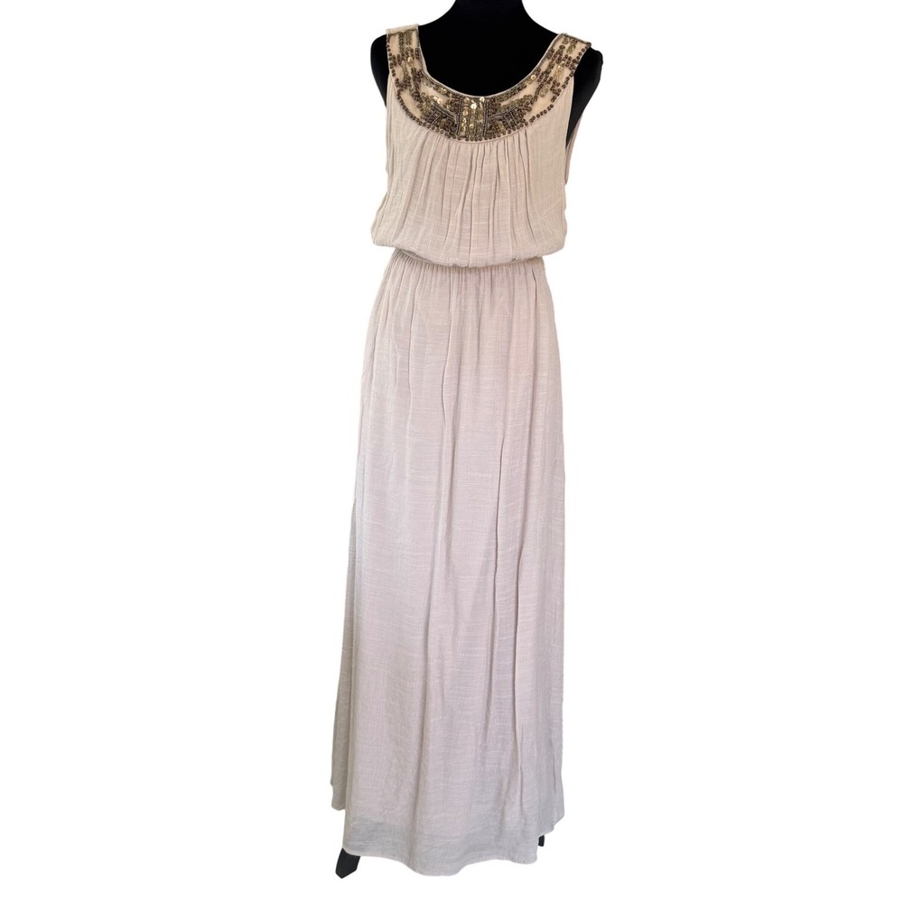 Womens L-XL Taupe Beaded Sequin Neckline Sleeveless Maxi Dress Cowl Back - Picture 2 of 10